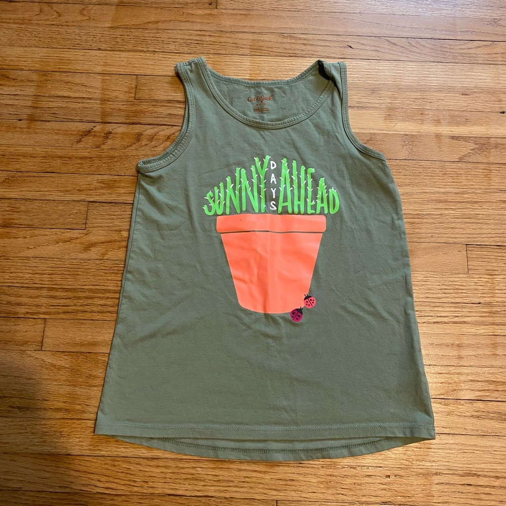 Cat & Jack Girl 8 Green Tank Top with Sunny Days Ahead Print Plants Sleeveless